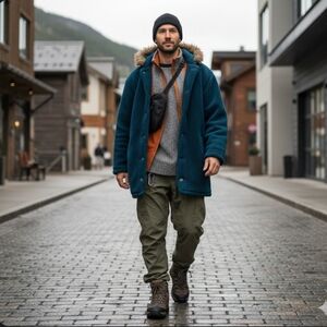 VNTG Mens L.L  Bean Gorpcore  USA Made Teal Lined Sherpa Fleece Hooded Jacket L